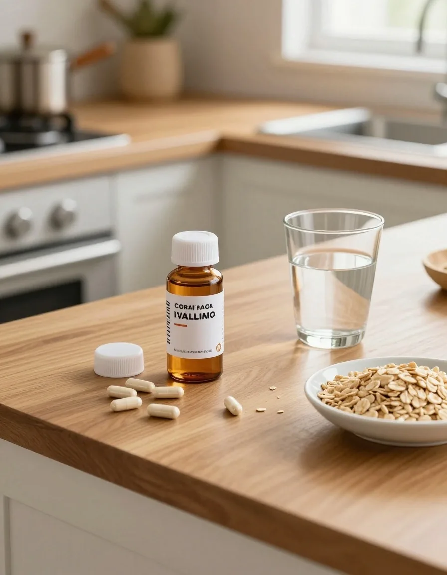 A supplement vial, loose capsules and a plain paper note card arranged in a grid on paper
