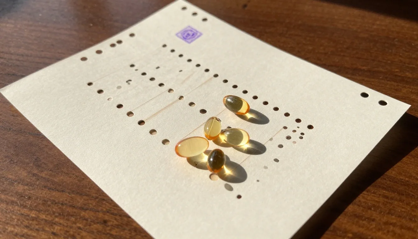 A perforated specimen sheet of supplement cells on a teak table under late afternoon light