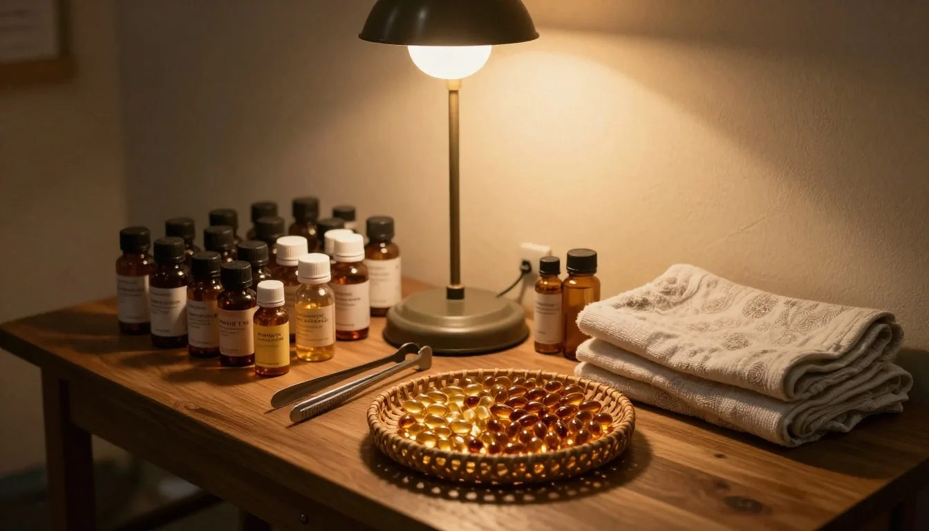 Supplement vials, capsules and stamp tongs arranged in a grid on gummed paper