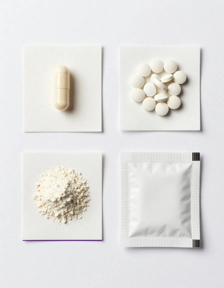 Capsule, tablet, powder scoop and sachet lined up on gummed paper as specimens