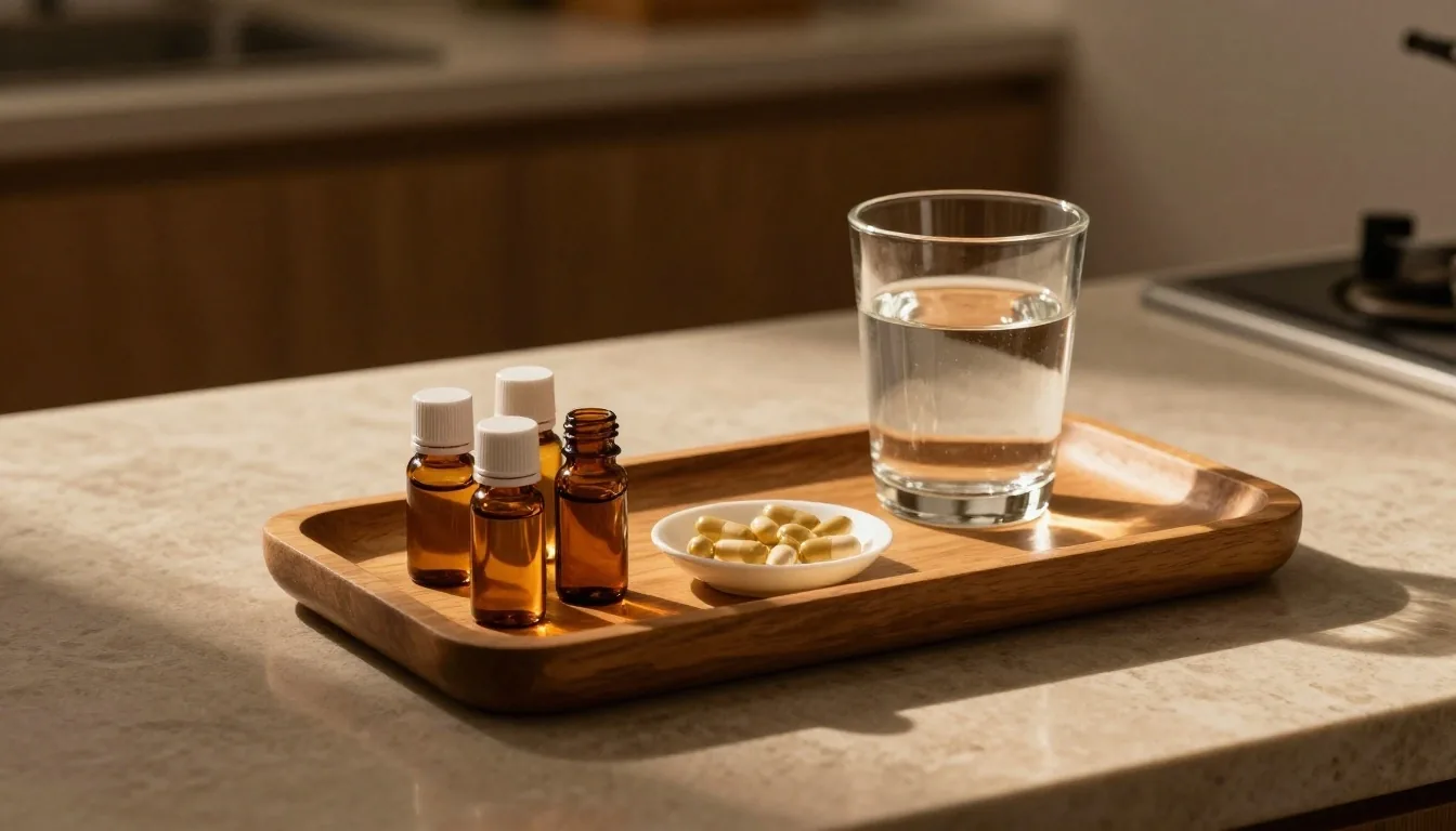 Perforated paper sheet holding supplement capsules and a small vial on a teak table